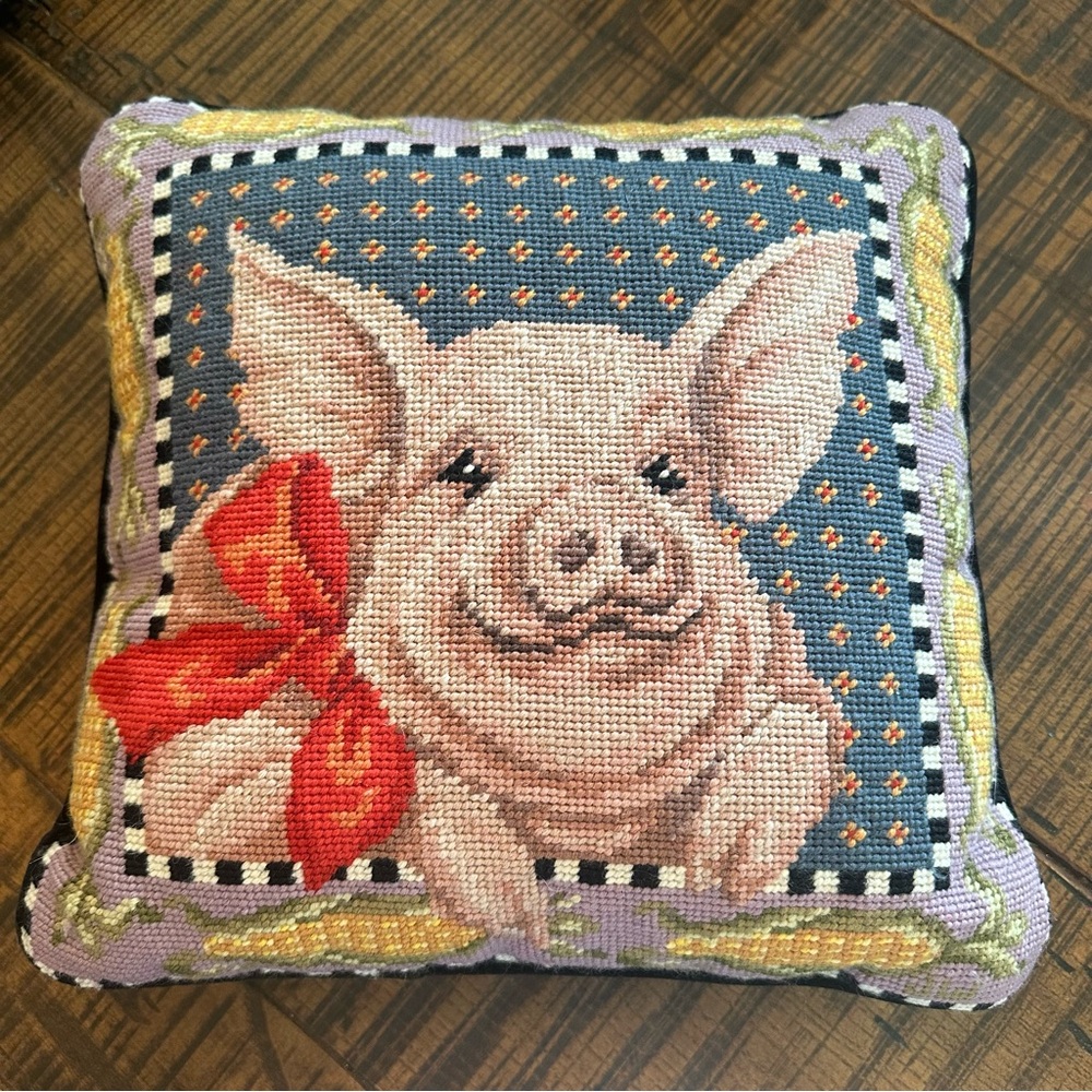 Show Pig Needlepoint Throw Pillow with Red Bow